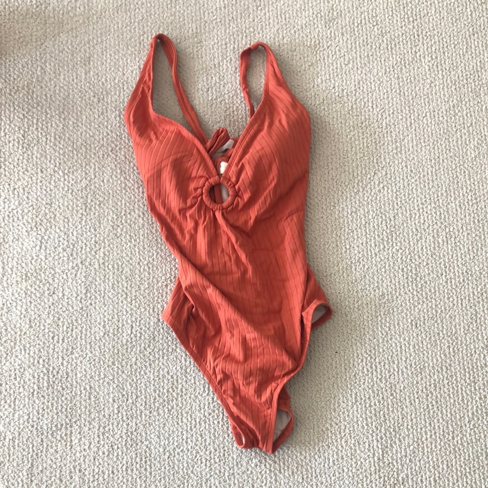 Orange One Piece Swimsuit with Plunging V-Neck and High-Leg Cut